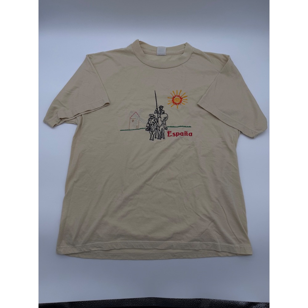 Vintage Rapife Espana Don Quixote Embroidered T-Shirt Beige Made Spain Medium M